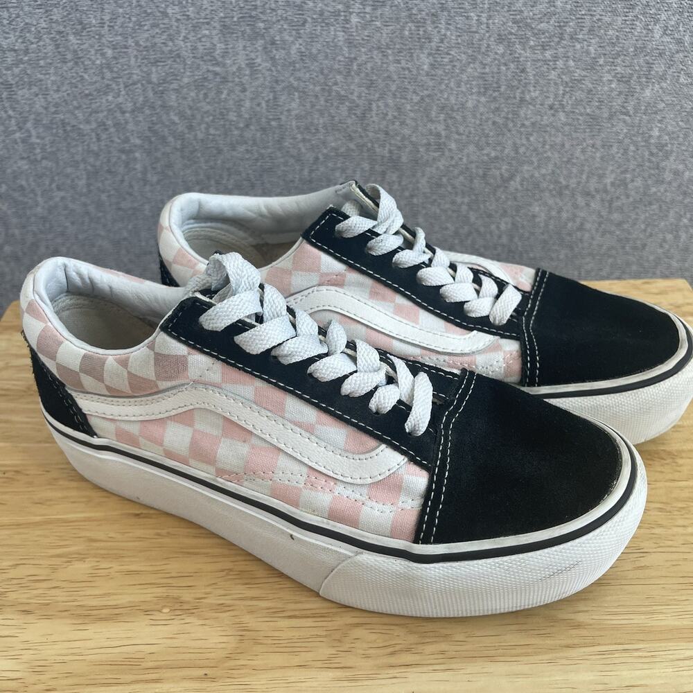 Vans Old Skool Checkerboard Platform Skate Shoe Black White Pink LaceUp Size 6.5